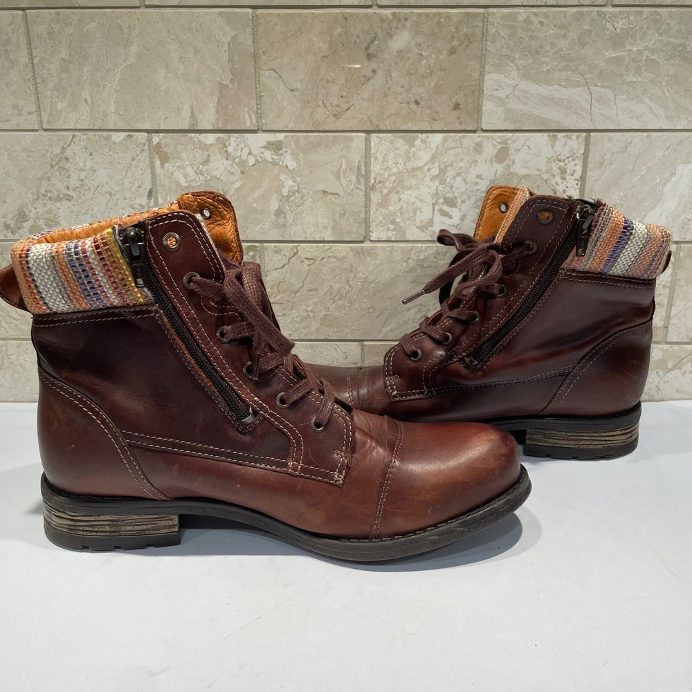 Taos Captain in Brandy Brown Leather Combat Boots Woven Collar Women 41 US 10